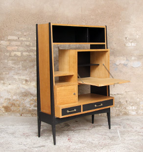 Bureau secrétaire vintage en bois, pieds compas