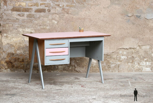 Bureau vintage enfant, rose et gris pieds compas