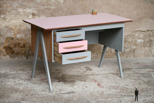 Bureau vintage enfant, rose et gris pieds compas