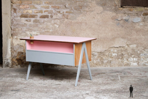 Bureau vintage enfant, rose et gris pieds compas