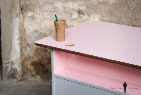 Bureau vintage enfant, rose et gris pieds compas
