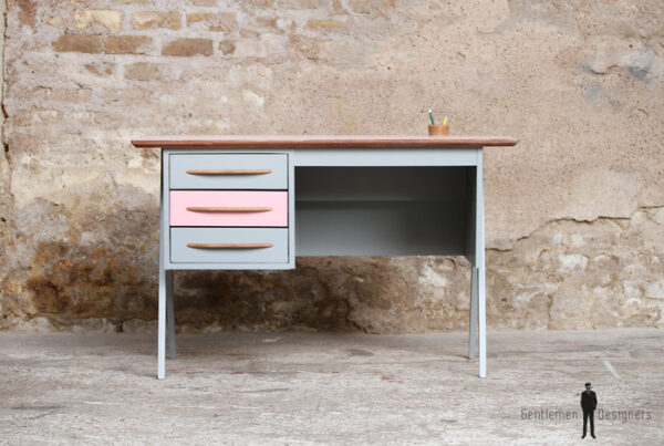 Bureau vintage enfant, rose et gris pieds compas