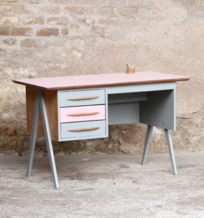 Bureau vintage enfant, rose et gris pieds compas