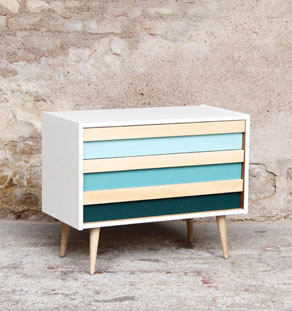 Commode vintage rénovée, 3 tiroirs bleu