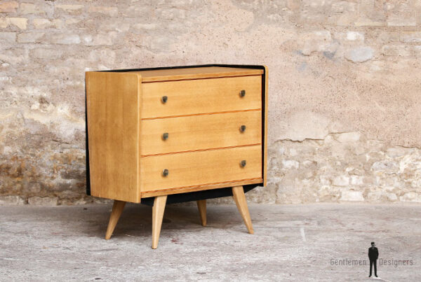 Commode vintage chêne clair, rénovée, 3 tiroirs