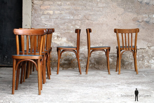 Lot de 8 chaises bistrot baumann en bois, assise bleu pétrole, relookée