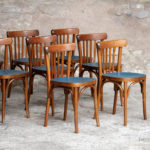 Lot de 8 chaises bistrot baumann en bois, assise bleu pétrole, relookée