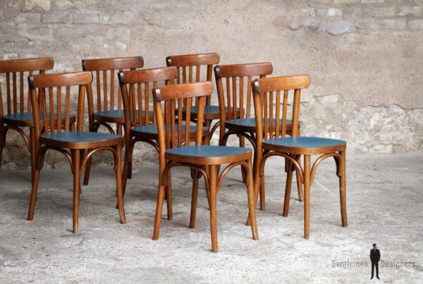 Lot de 8 chaises bistrot baumann en bois, assise bleu pétrole, relookée