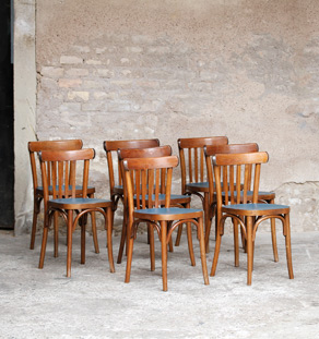 Lot de 8 chaises bistrot baumann en bois, assise bleu pétrole, relookée