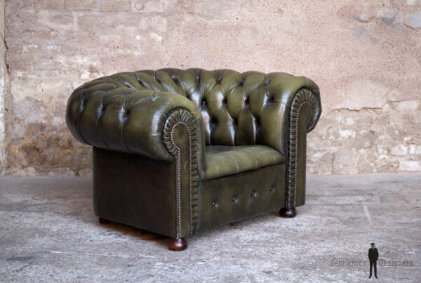 Chersterfield cuir vert capitonne fauteuil confortable vintage ancien