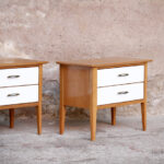 Paire de chevets vintage bois, scandinave, tiroirs blanc