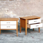 Paire de chevets vintage bois, scandinave, tiroirs blanc