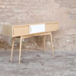 Console entree meuble vide poche haut porte coulissante chine clair bois