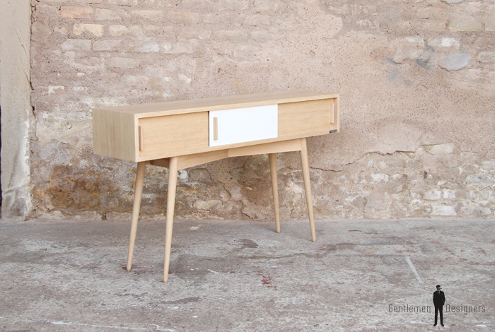 Console entree meuble vide poche haut porte coulissante chine clair bois