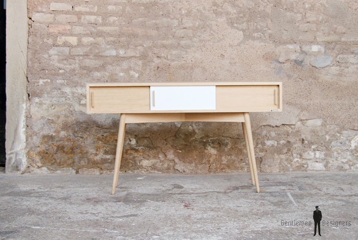 Console entree meuble vide poche haut porte coulissante chine clair bois