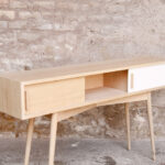 Console entree meuble vide poche haut porte coulissante chine clair bois