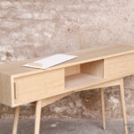 Console entree meuble vide poche haut porte coulissante chine clair bois