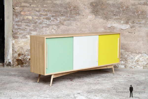 meuble vaisselier bois clair chene portes coulissantes sur mesure jaune vert blanc