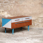 Meuble bas tv vintage motifs graphique, bleu et gris
