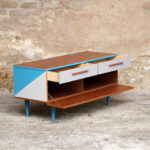 Meuble bas tv vintage motifs graphique, bleu et gris