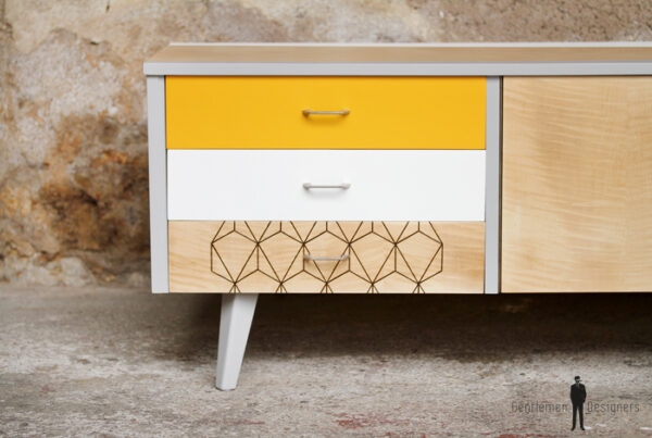 Meuble bas tv vintage motifs graphique, jaune et blanc