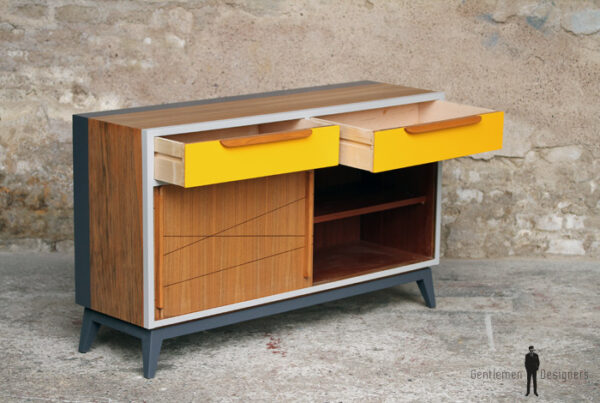 Meuble vintage en teck, buffet style scandinave, motifs jaune et gris