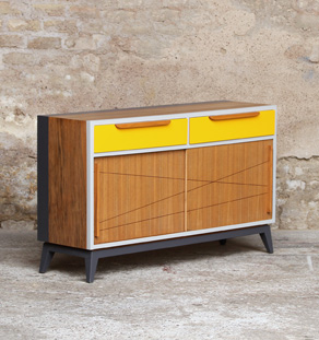 Meuble vintage en teck, buffet style scandinave, motifs jaune et gris