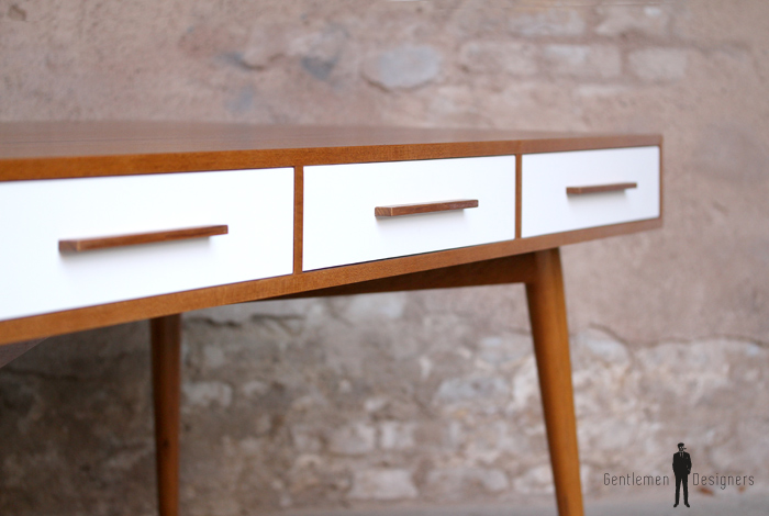 GRAND BUREAU MINISTRE - Bois - Teck, chene - sur-mesure, made in france, Meuble style vintage - tiroirs couleur