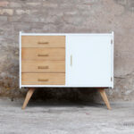 Meuble commode vintage pieds compas en chêne, 4 tiroirs