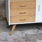 Meuble commode vintage pieds compas en chêne, 4 tiroirs