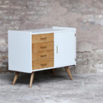Meuble commode vintage pieds compas en chêne, 4 tiroirs