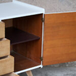Meuble commode vintage pieds compas en chêne, 4 tiroirs