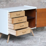 Meuble commode vintage pieds compas en chêne, 4 tiroirs