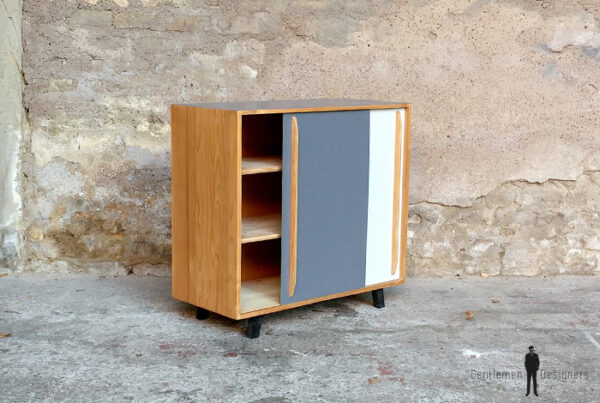 Meuble Vintage Bois Portes Coulissantes Grises Et Blanche