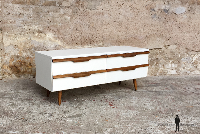 Meuble bas tv vintage scandinave teck, blanc