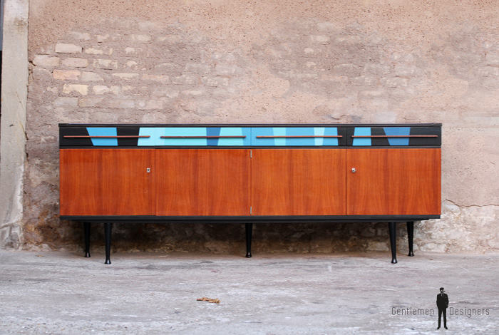 Enfilade vinatage en teck, motifs graphiques bleu