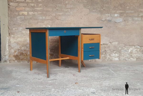 Bureau vintage chene bois bleu tiroirs gentlemen designers