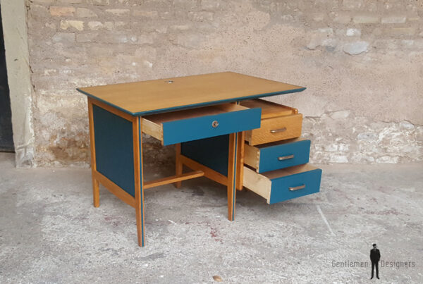 Bureau vintage chene bois bleu tiroirs gentlemen designers