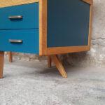Bureau vintage chene bois bleu tiroirs gentlemen designers