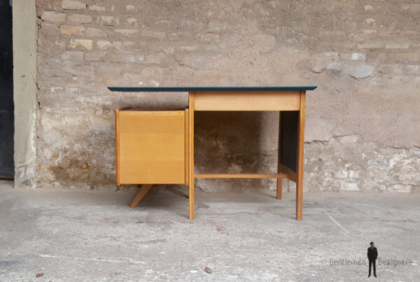 Bureau vintage chene bois bleu tiroirs gentlemen designers