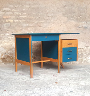 Bureau vintage chene bois bleu tiroirs gentlemen designers