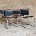 4 chaises vintage tubulaire, style Breuer, cuir noir