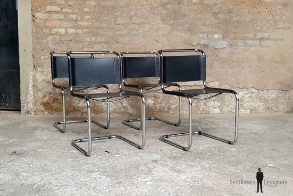 4 chaises vintage tubulaire, style Breuer, cuir noir