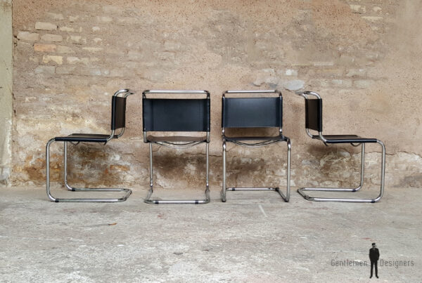 4 chaises vintage tubulaire, style Breuer, cuir noir