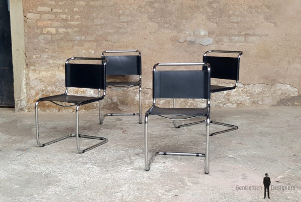 4 chaises vintage tubulaire, style Breuer, cuir noir