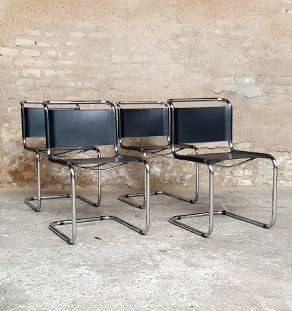 4 chaises vintage tubulaire, style Breuer, cuir noir