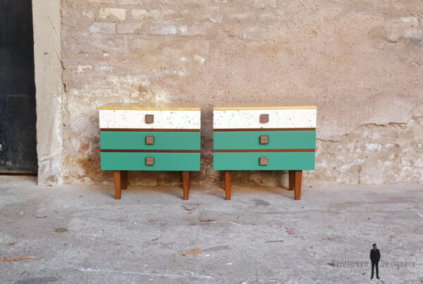 Paire de chevets vintage effet vert tacheté et bois clair gentlemen designers france lyon paris strasbourg