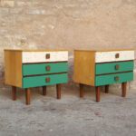 Paire de chevets vintage effet vert tacheté et bois clair gentlemen designers france lyon paris strasbourg