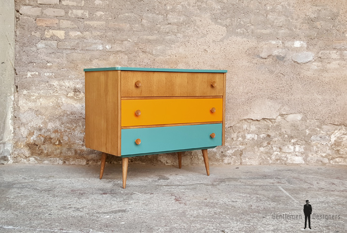 Commode vintage 3 tiroirs, orange bleu turquoise, bois, chambre Commode vintage 3 tiroirs, orange bleu turquoise, bois, chambre