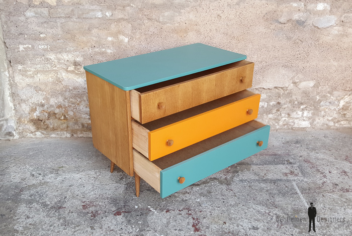 Commode vintage 3 tiroirs, orange bleu turquoise, bois, chambre Commode vintage 3 tiroirs, orange bleu turquoise, bois, chambre